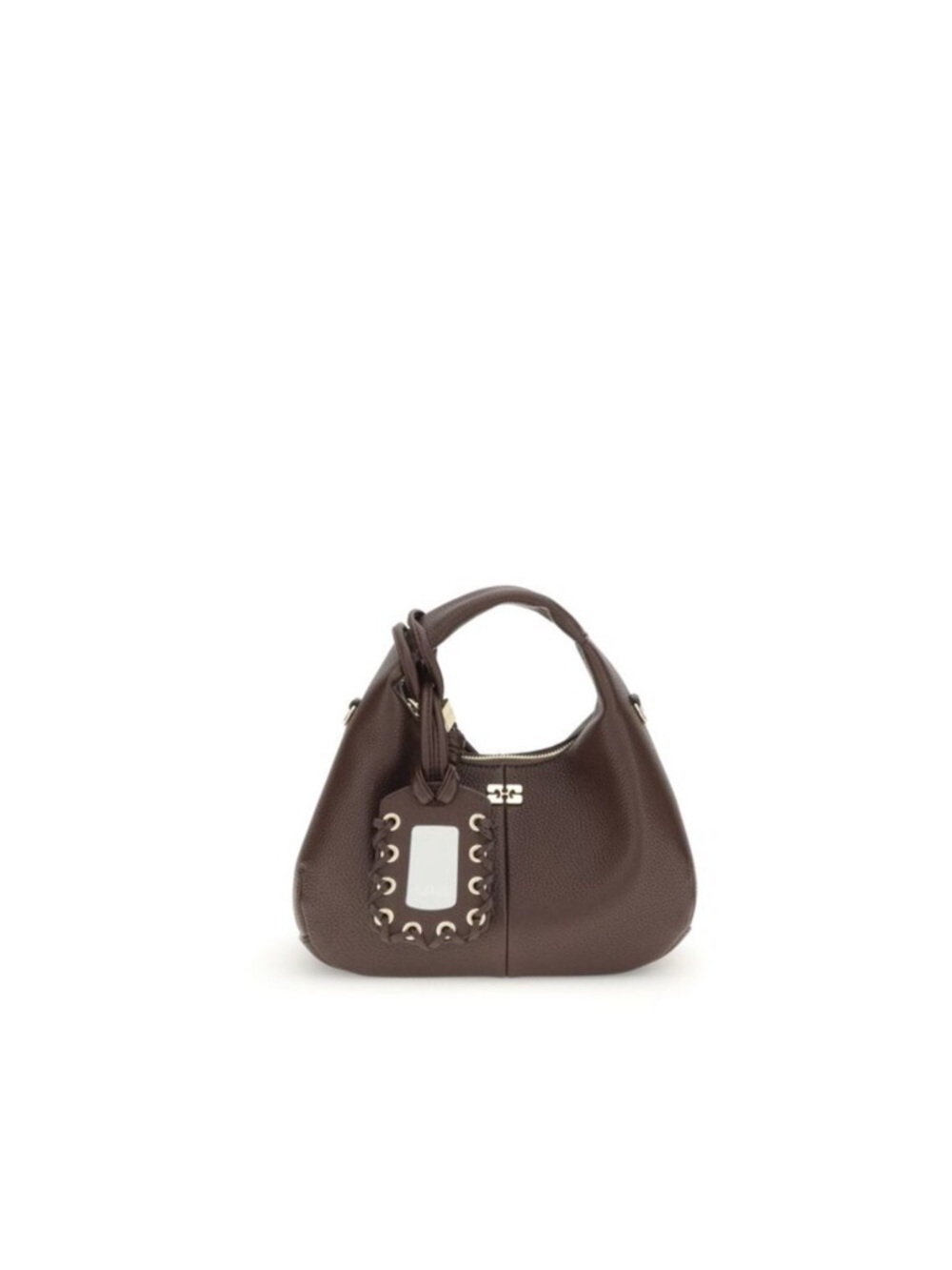 Ganni Dark Brown Pebbled Leather Hobo Shoulder Bag with Gold Hardware